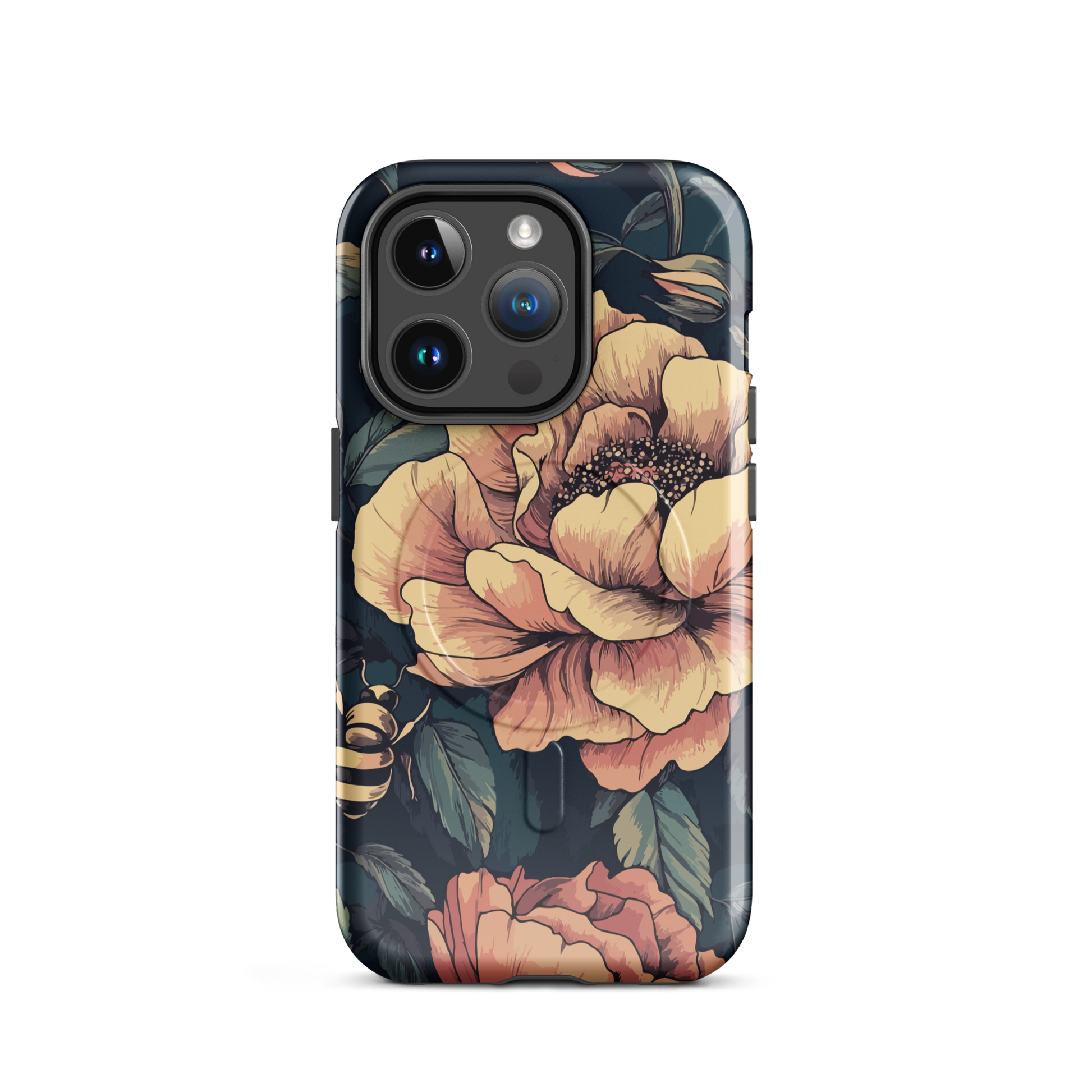 'Vintage Pink Roses' iPhone 14 Pro MagSafe tough phone case - protective glossy case NZ Australia