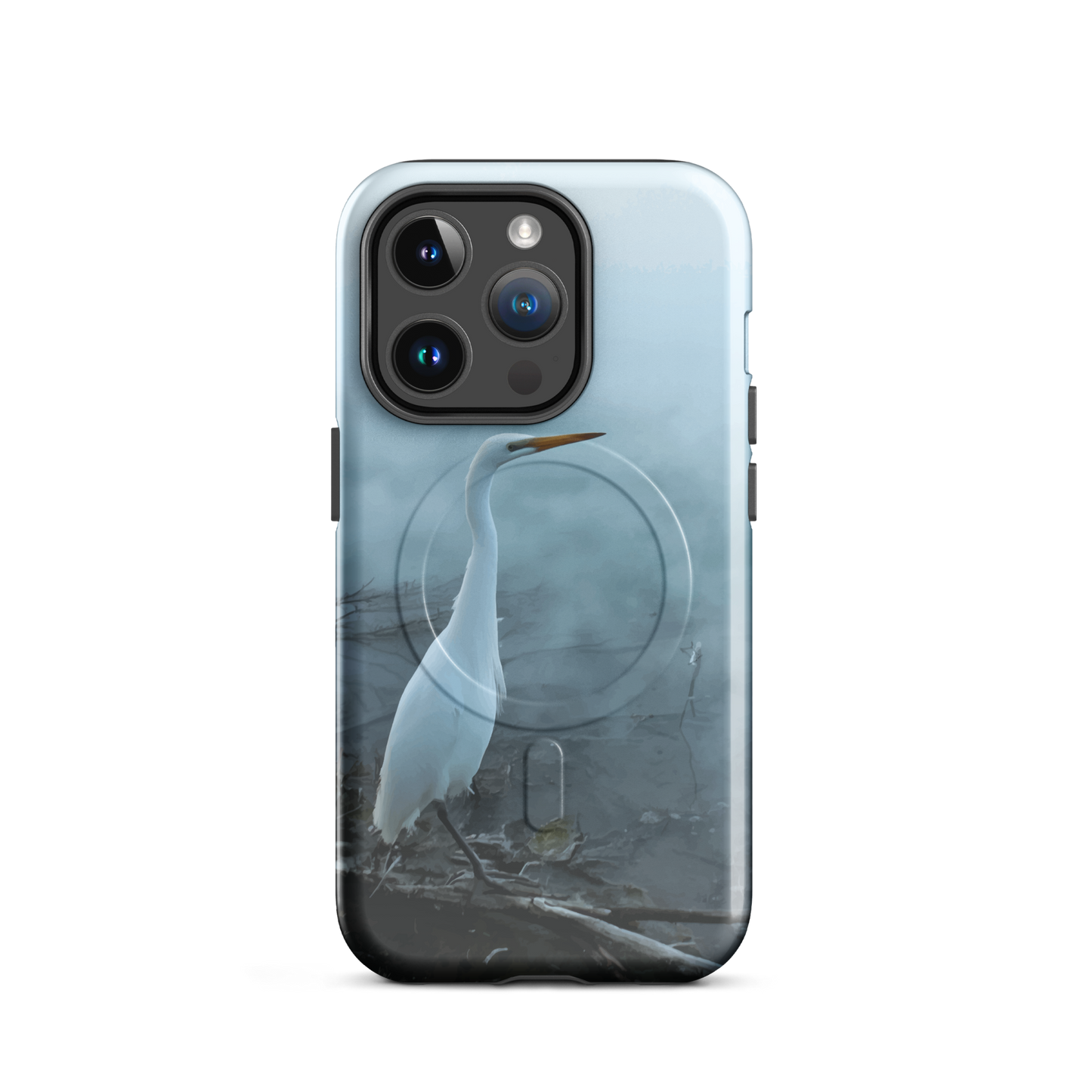 'White Heron in the Mist' iPhone 14 Pro MagSafe tough phone case - protective glossy case NZ Australia