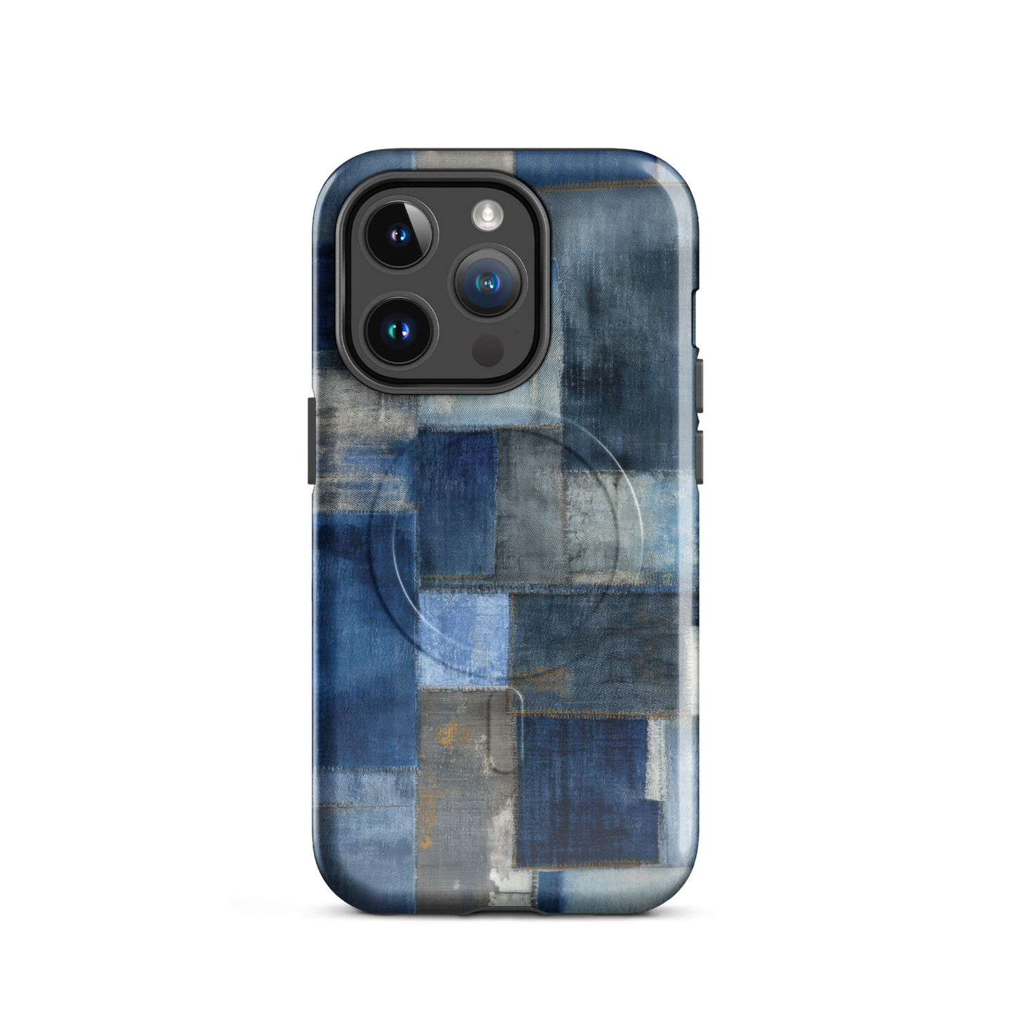 'Indigo Patchwork' iPhone 14 Pro MagSafe tough phone case - protective glossy case NZ Australia