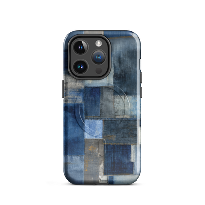 'Indigo Patchwork' iPhone 14 Pro MagSafe tough phone case - protective glossy case NZ Australia