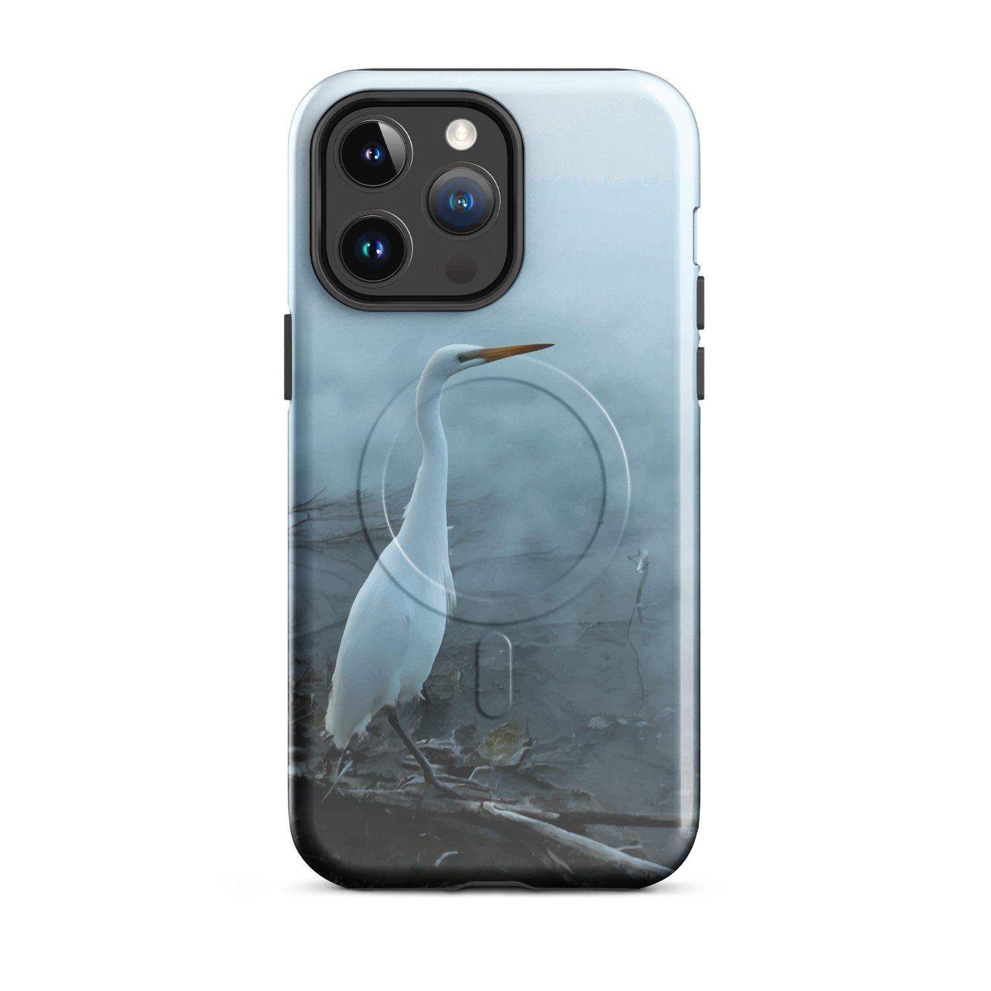 'White Heron in the Mist' iPhone 14 Pro Max MagSafe tough phone case - protective glossy case NZ Australia