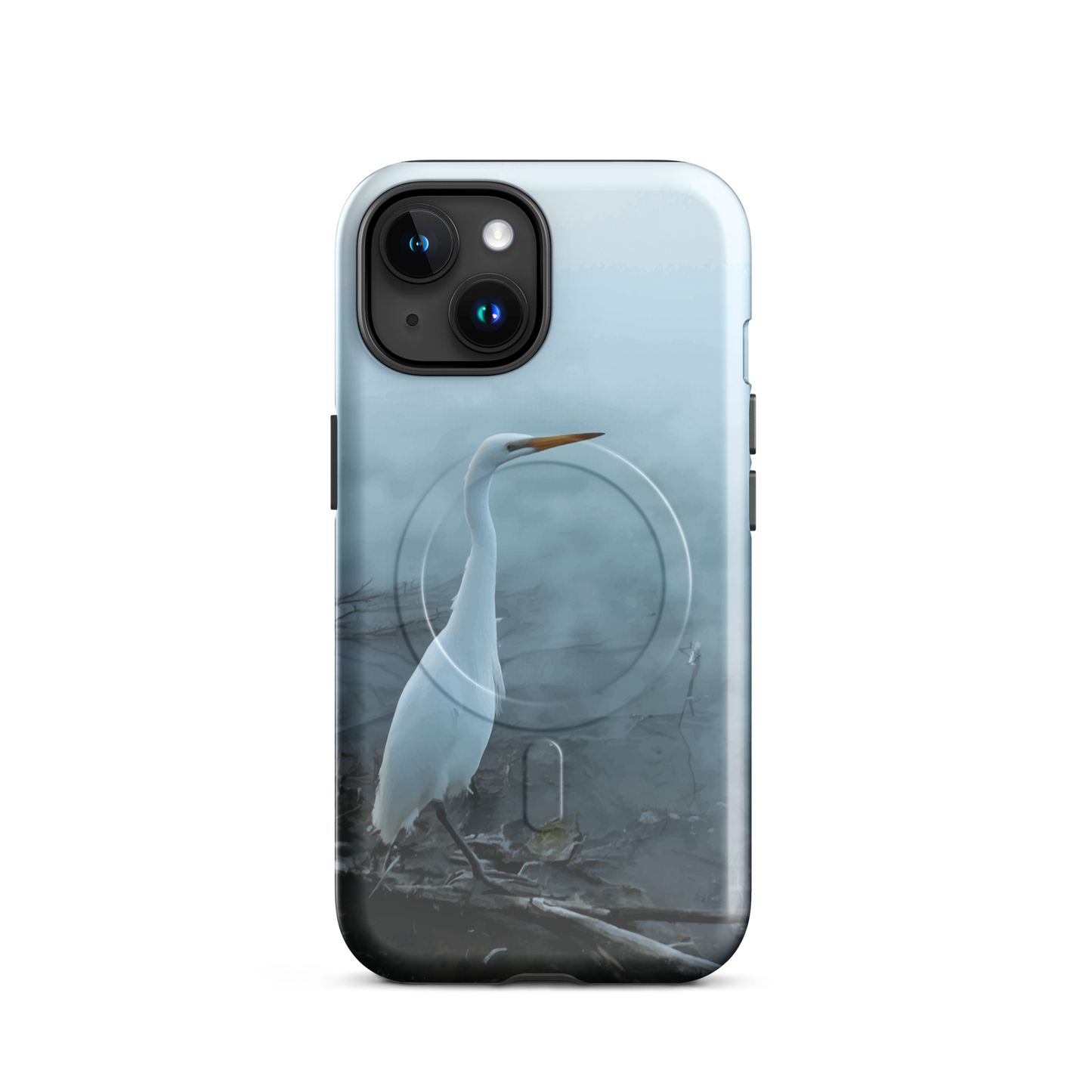 'White Heron in the Mist' iPhone 15 MagSafe tough phone case - protective glossy case NZ Australia