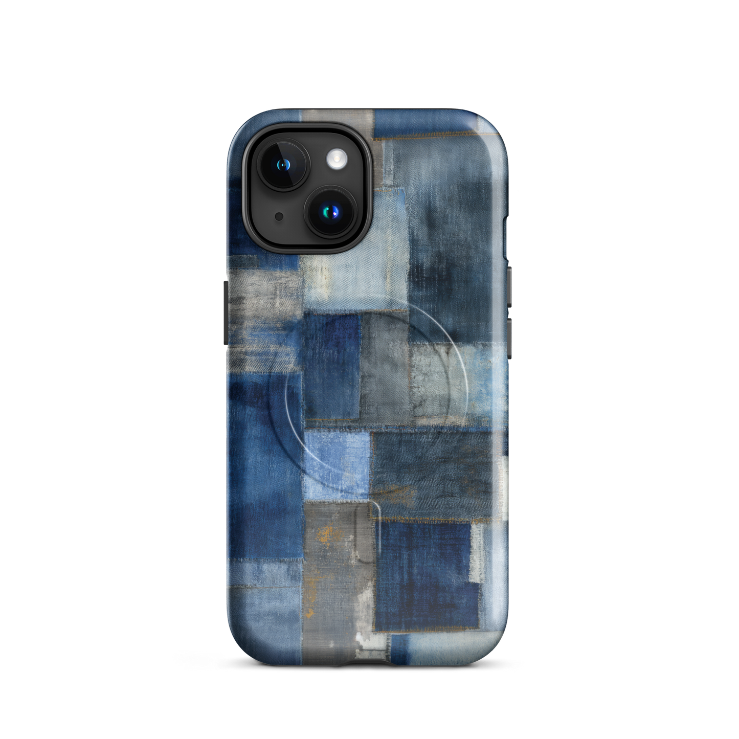 'Indigo Patchwork' iPhone 15 MagSafe tough phone case - protective glossy case NZ Australia