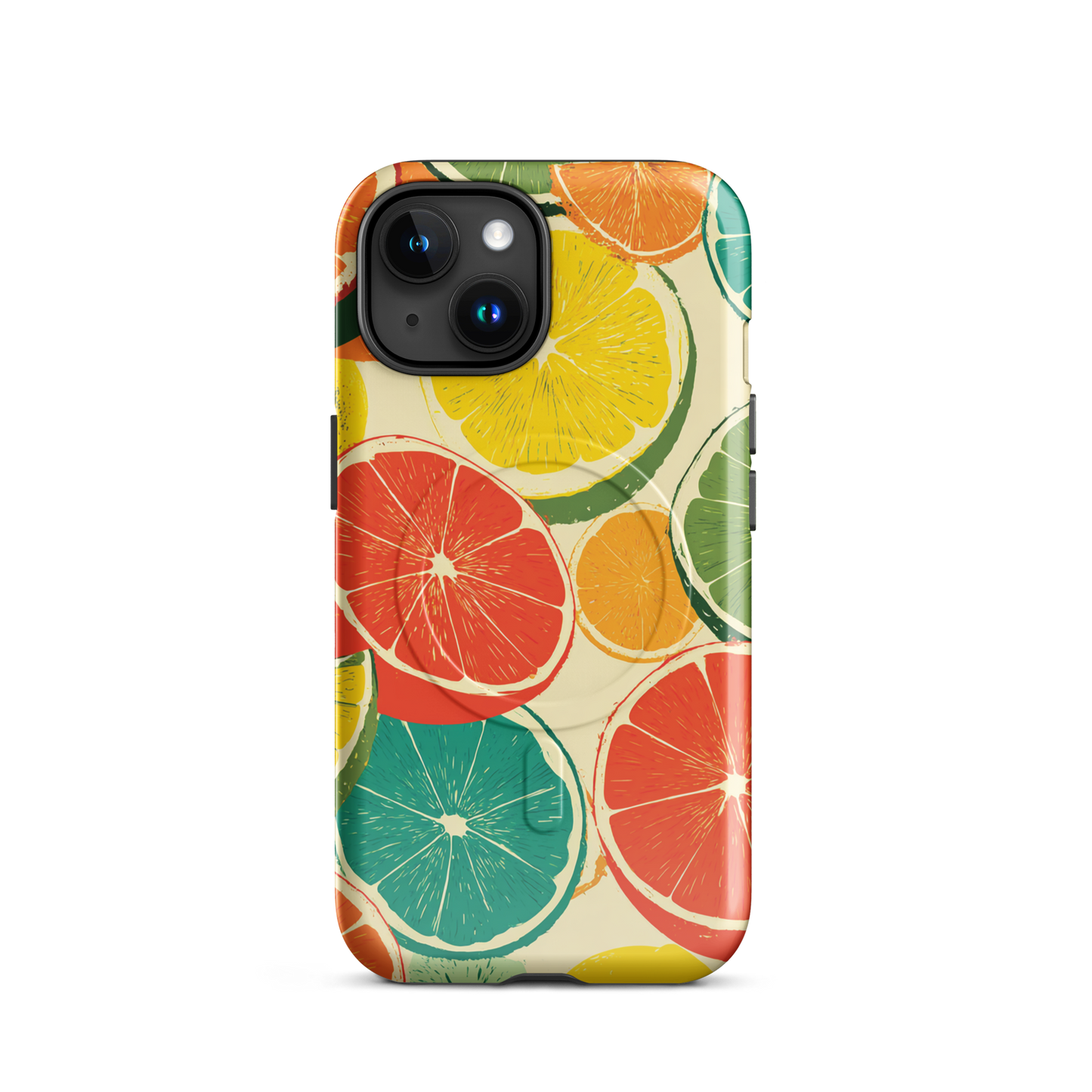 'Citrus Pop' iPhone 15 MagSafe tough phone case - protective glossy case NZ Australia