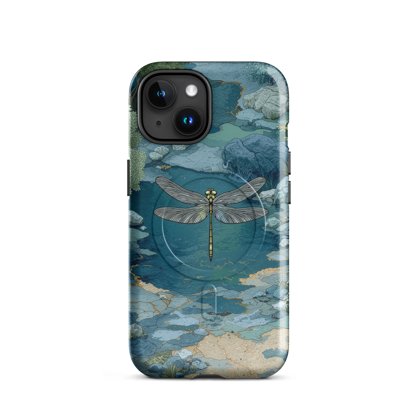 'Dragonfly Glade' iPhone 15 MagSafe tough phone case - protective glossy case NZ Australia