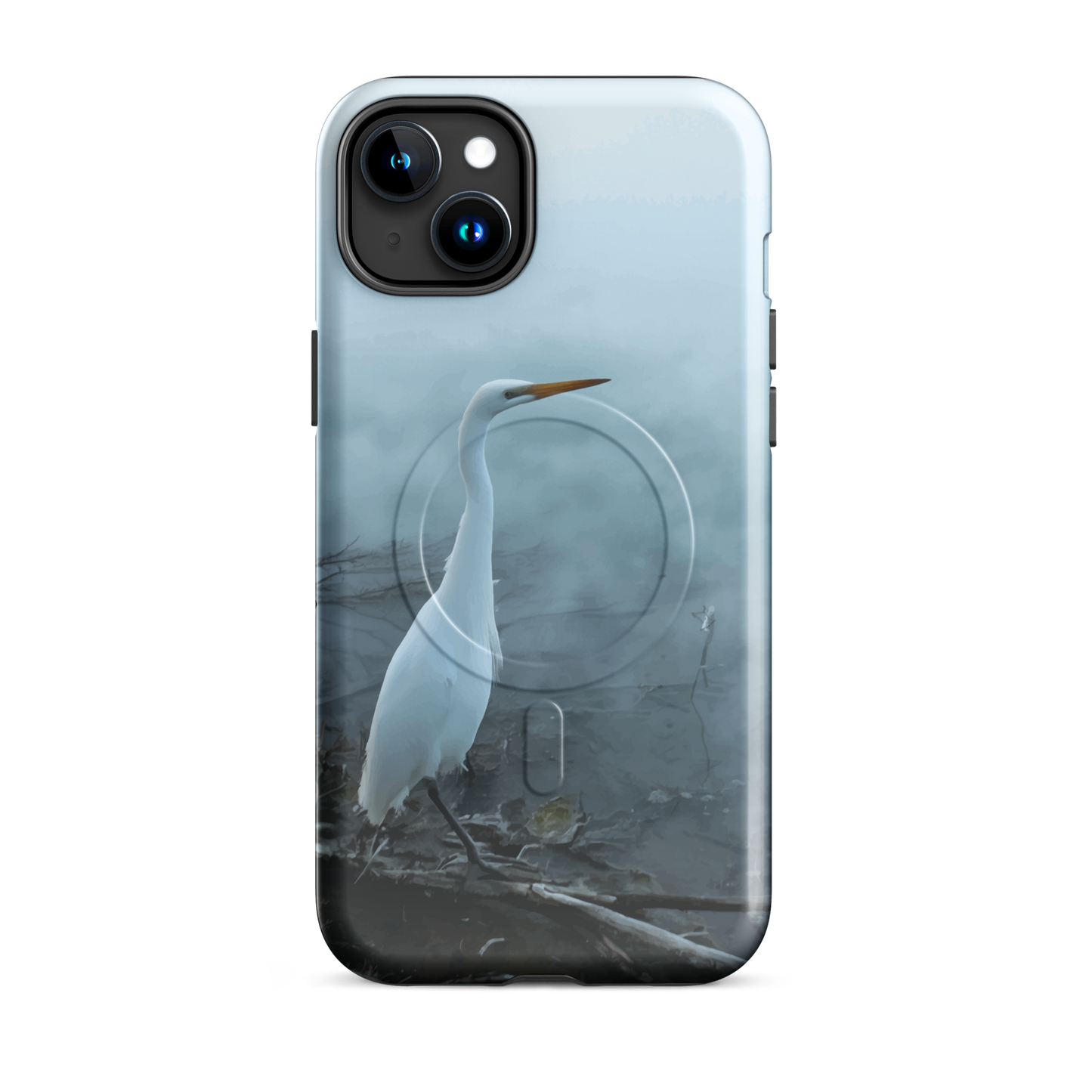 'White Heron in the Mist' iPhone 15 Plus MagSafe tough phone case - protective glossy case NZ Australia