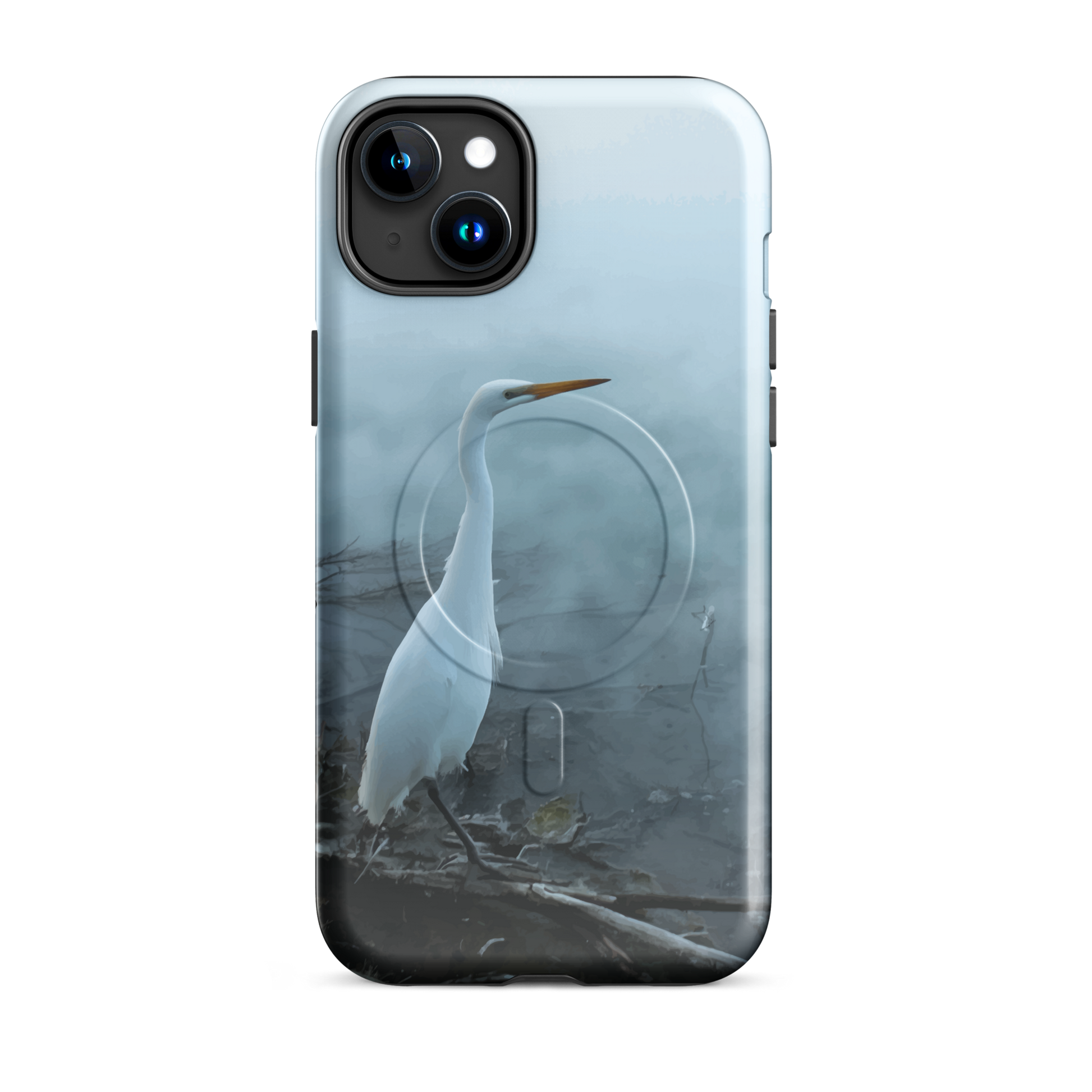 'White Heron in the Mist' iPhone 15 Plus MagSafe tough phone case - protective glossy case NZ Australia