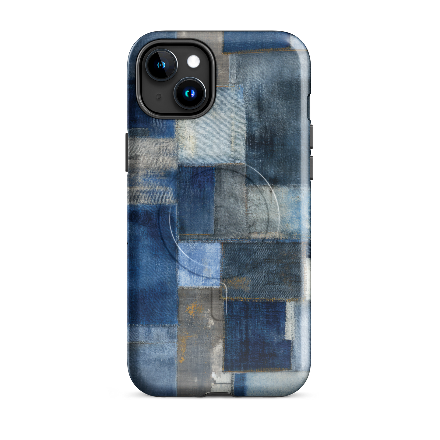 'Indigo Patchwork' iPhone 15 Plus MagSafe tough phone case - protective glossy case NZ Australia