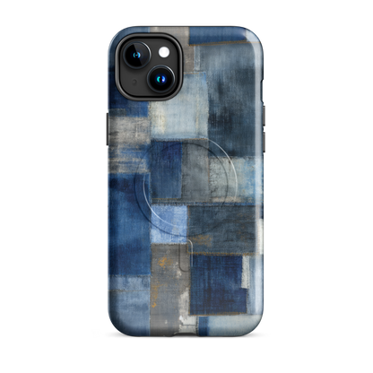 'Indigo Patchwork' iPhone 15 Plus MagSafe tough phone case - protective glossy case NZ Australia
