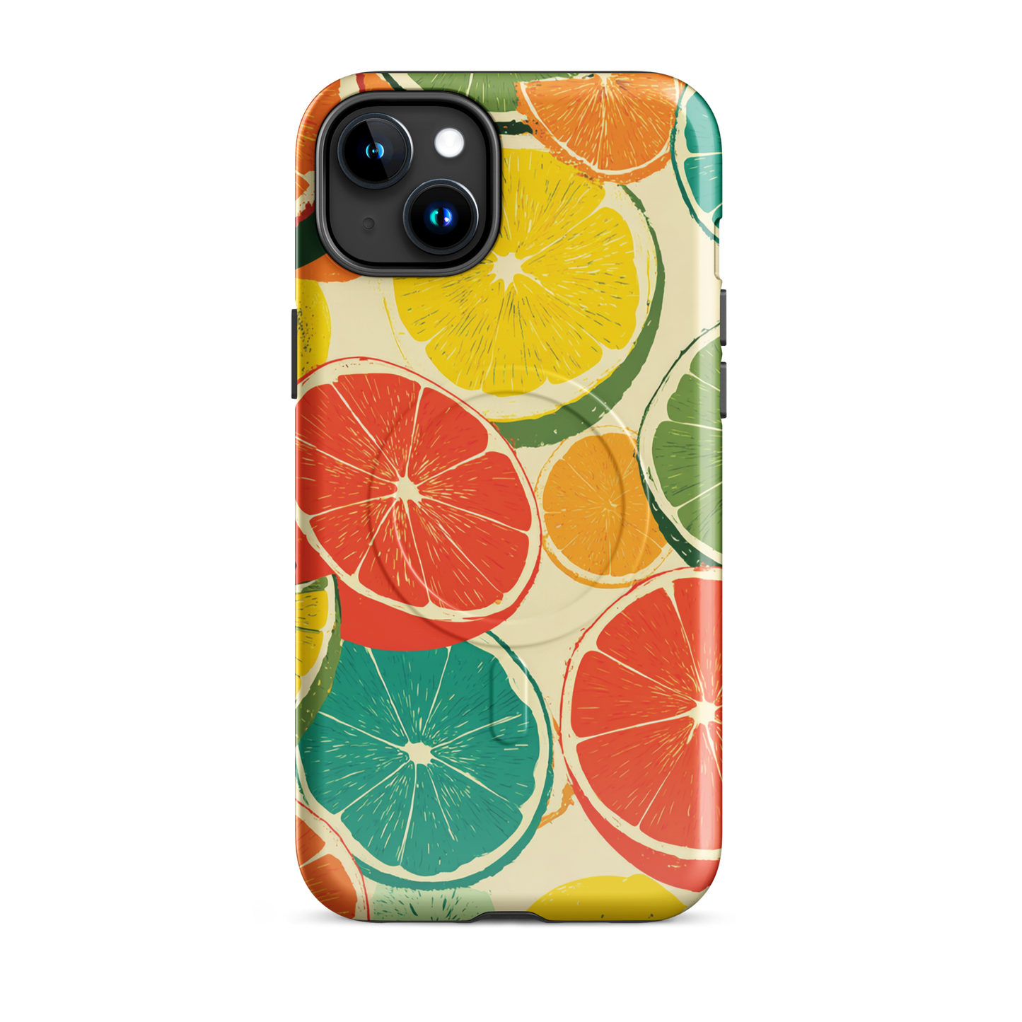 'Citrus Pop' iPhone 15 Plus MagSafe tough phone case - protective glossy case NZ Australia