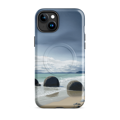 'Moeraki Boulders' iPhone 15 Plus MagSafe tough phone case - protective glossy case NZ Australia