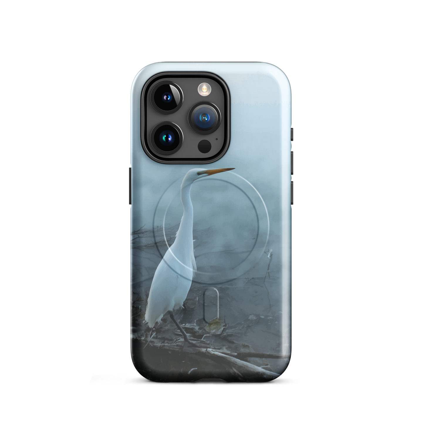 'White Heron in the Mist' iPhone 15 Pro MagSafe tough phone case - protective glossy case NZ Australia