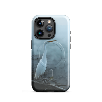 'White Heron in the Mist' iPhone 15 Pro MagSafe tough phone case - protective glossy case NZ Australia