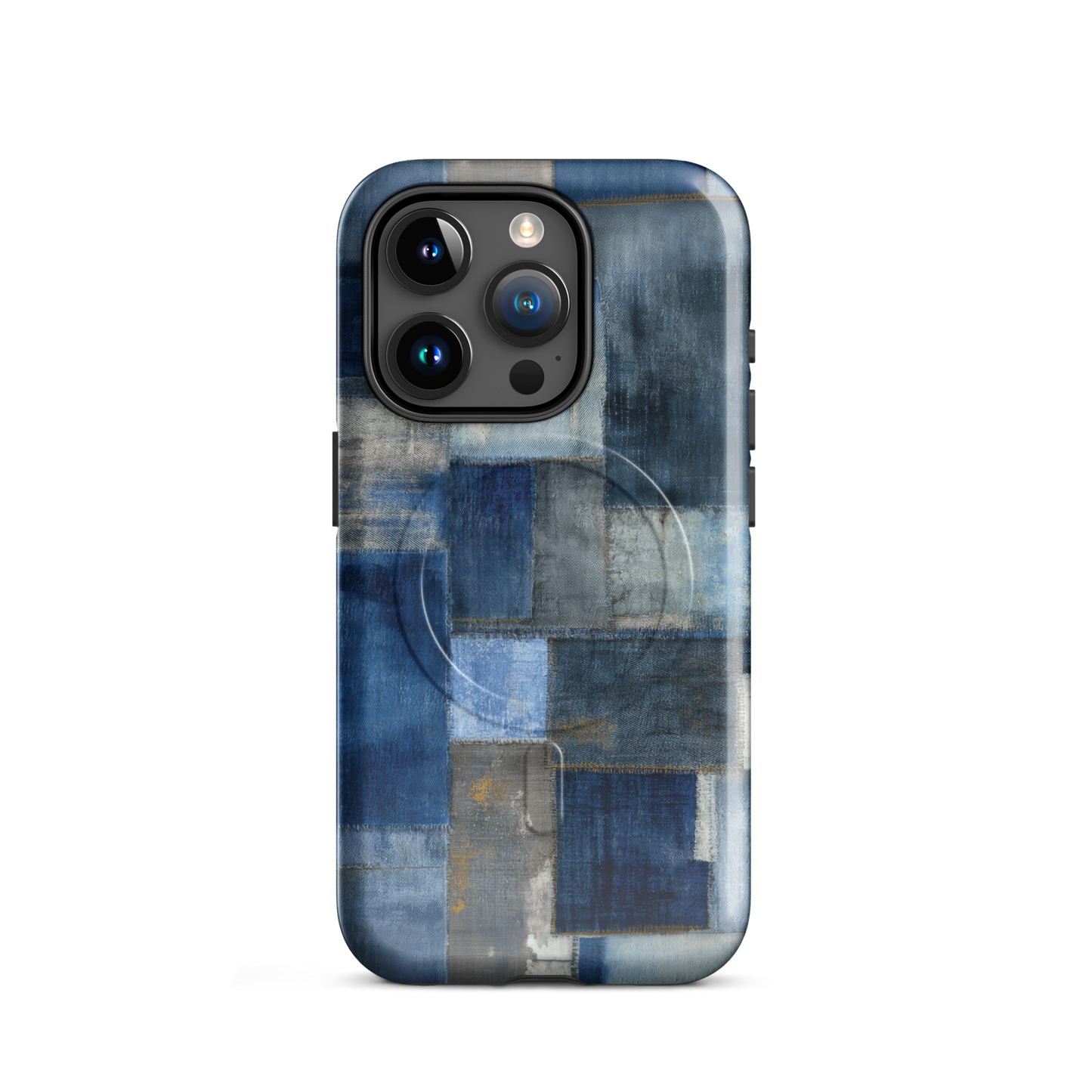 'Indigo Patchwork' iPhone 15 Pro MagSafe tough phone case - protective glossy case NZ Australia