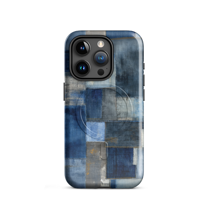 'Indigo Patchwork' iPhone 15 Pro MagSafe tough phone case - protective glossy case NZ Australia