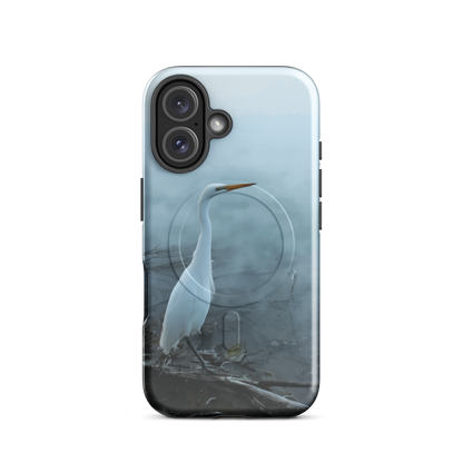 'White Heron in the Mist' iPhone 16 MagSafe tough phone case - protective glossy case NZ Australia