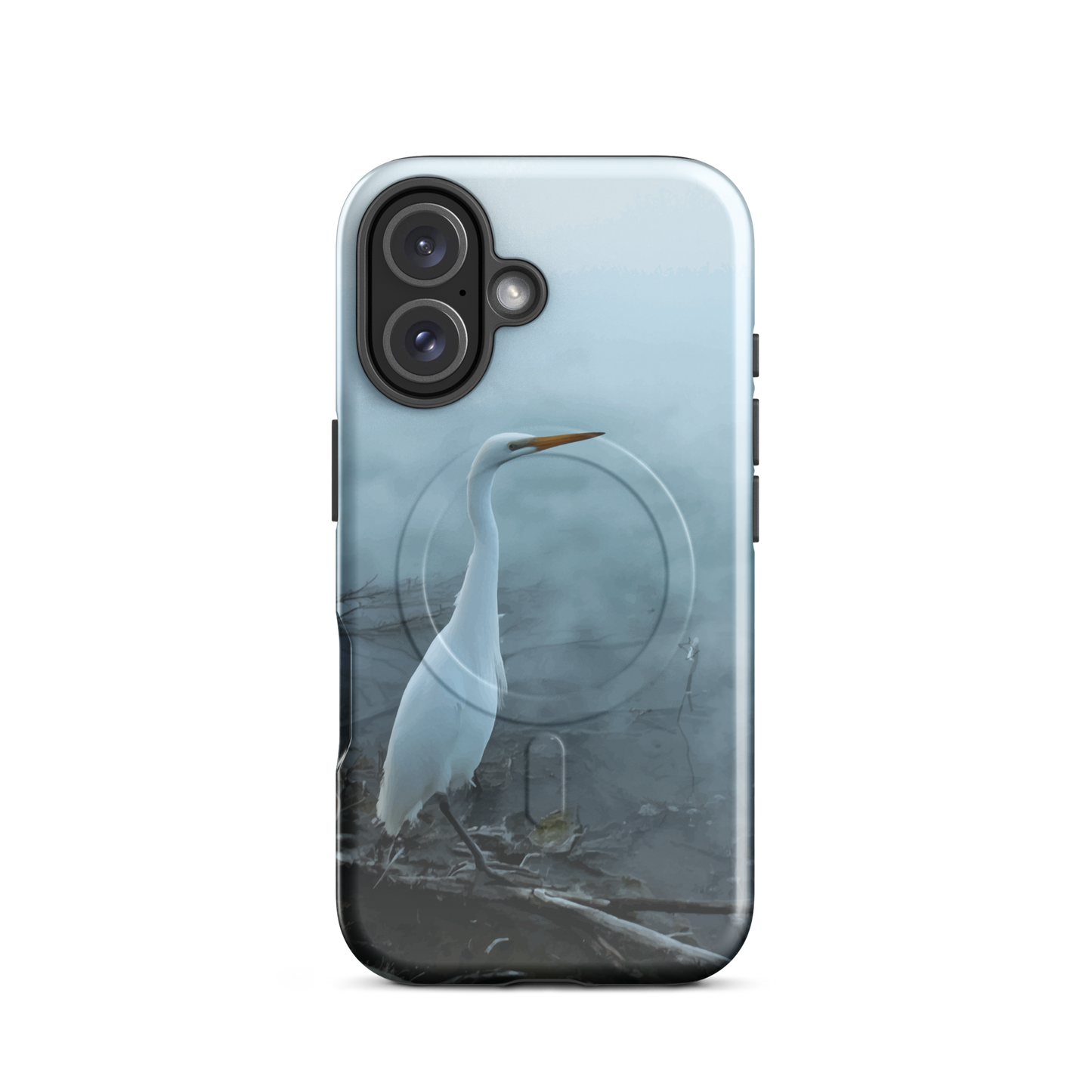 'White Heron in the Mist' iPhone 16 MagSafe tough phone case - protective glossy case NZ Australia