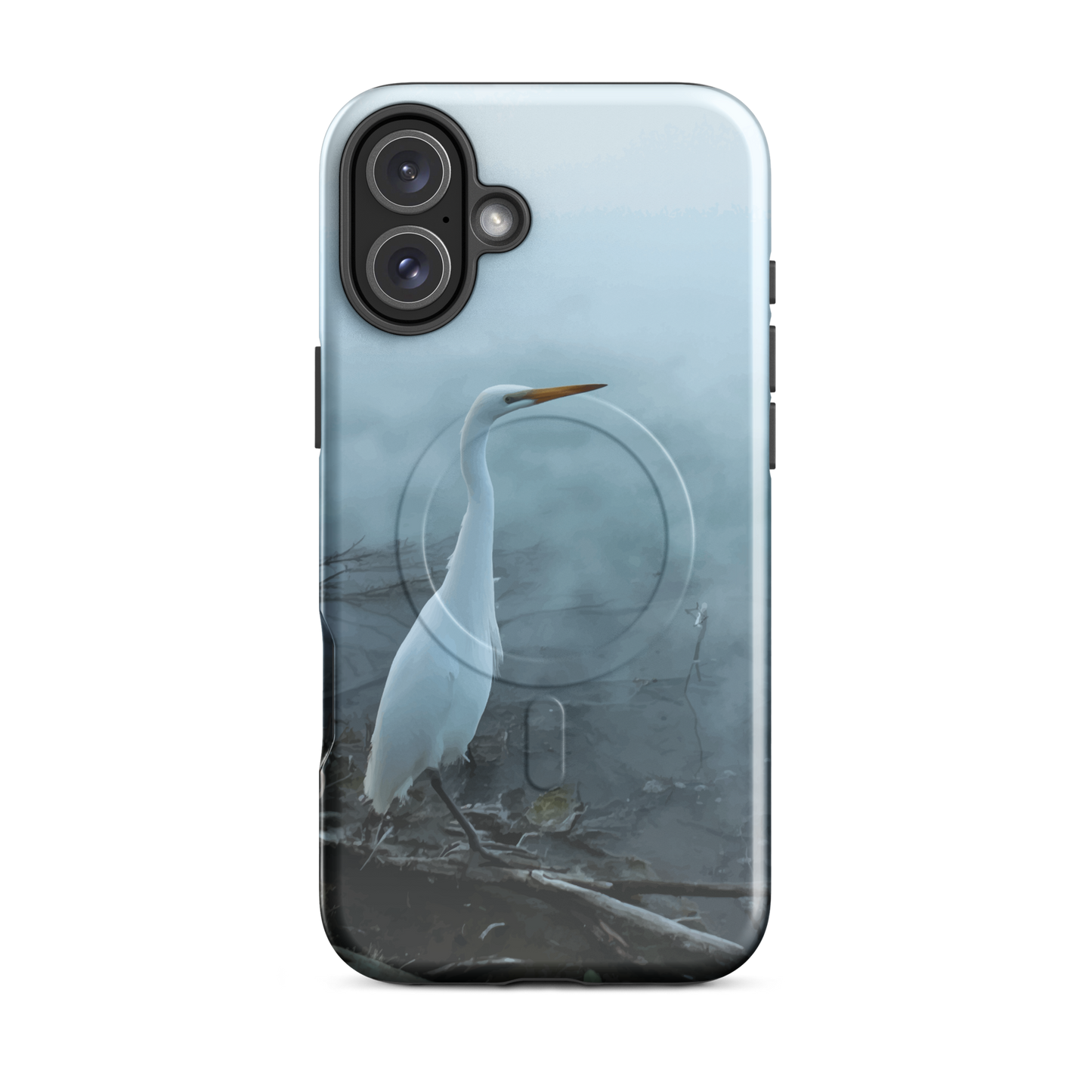 'White Heron in the Mist' iPhone 16 Plus MagSafe tough phone case - protective glossy case NZ Australia