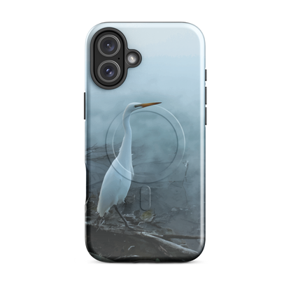 'White Heron in the Mist' iPhone 16 Plus MagSafe tough phone case - protective glossy case NZ Australia