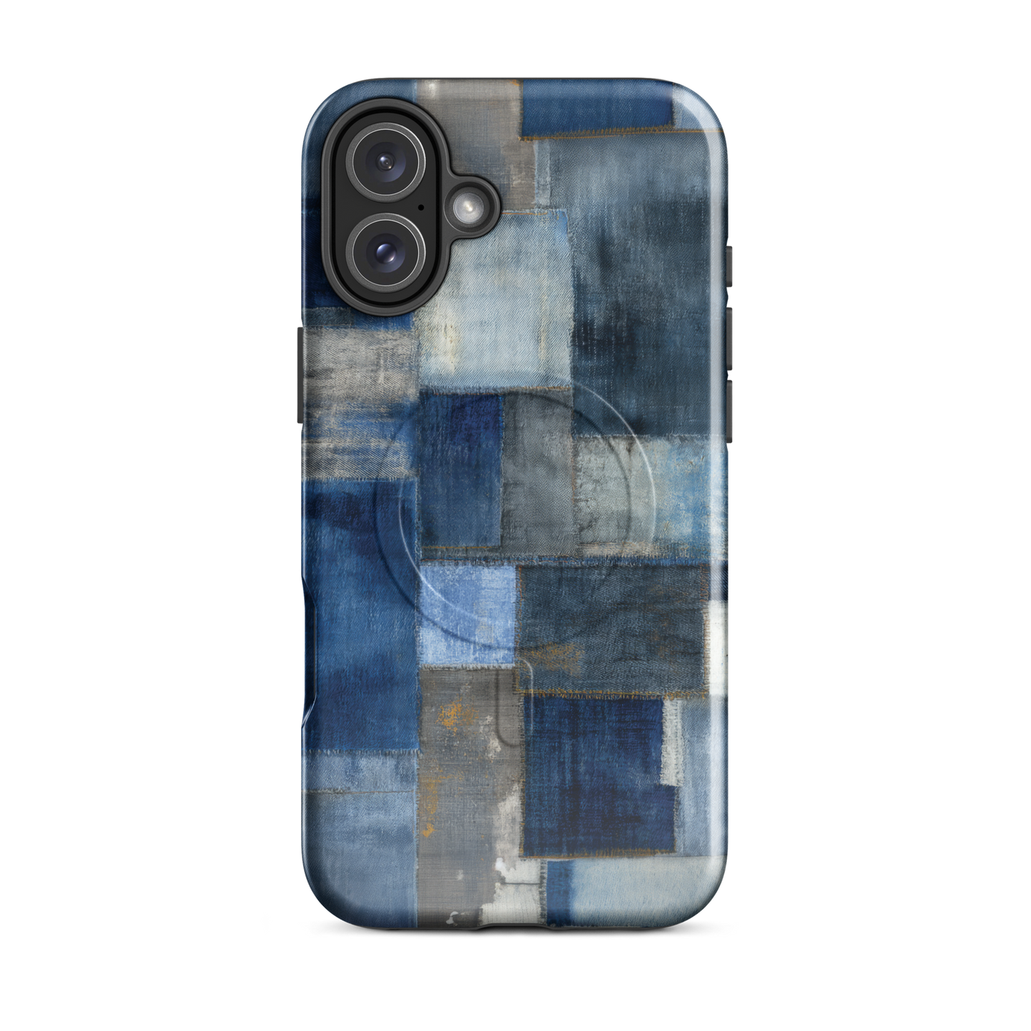 'Indigo Patchwork' iPhone 16 Plus MagSafe tough phone case - protective glossy case NZ Australia