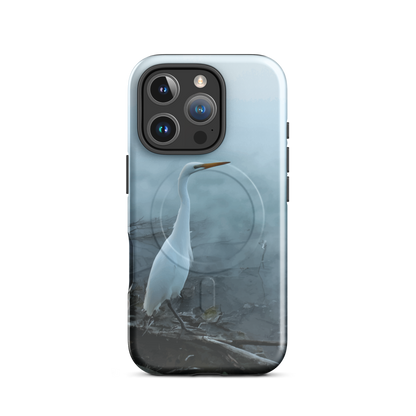 'White Heron in the Mist' iPhone 16 Pro MagSafe tough phone case - protective glossy case NZ Australia