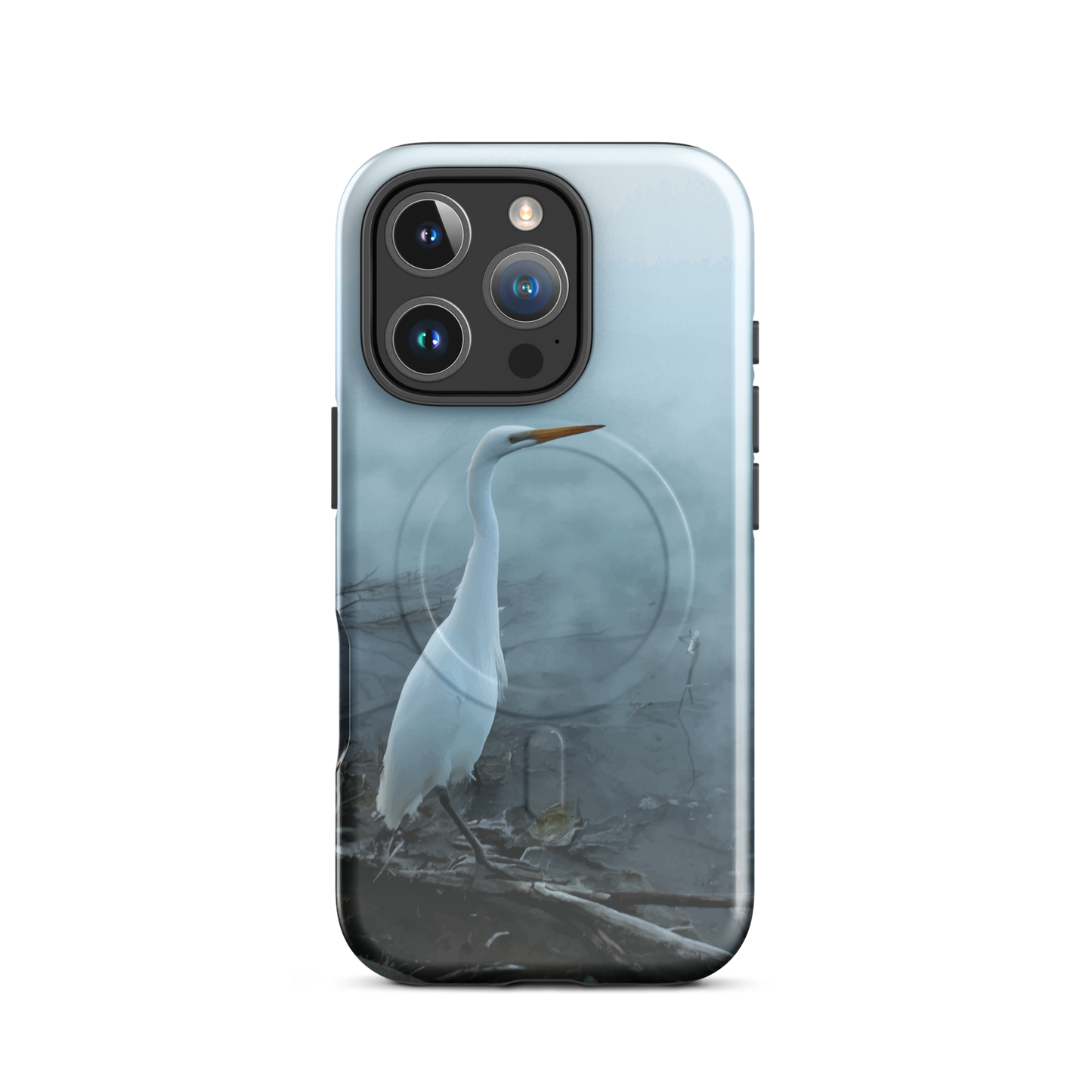 'White Heron in the Mist' iPhone 16 Pro MagSafe tough phone case - protective glossy case NZ Australia