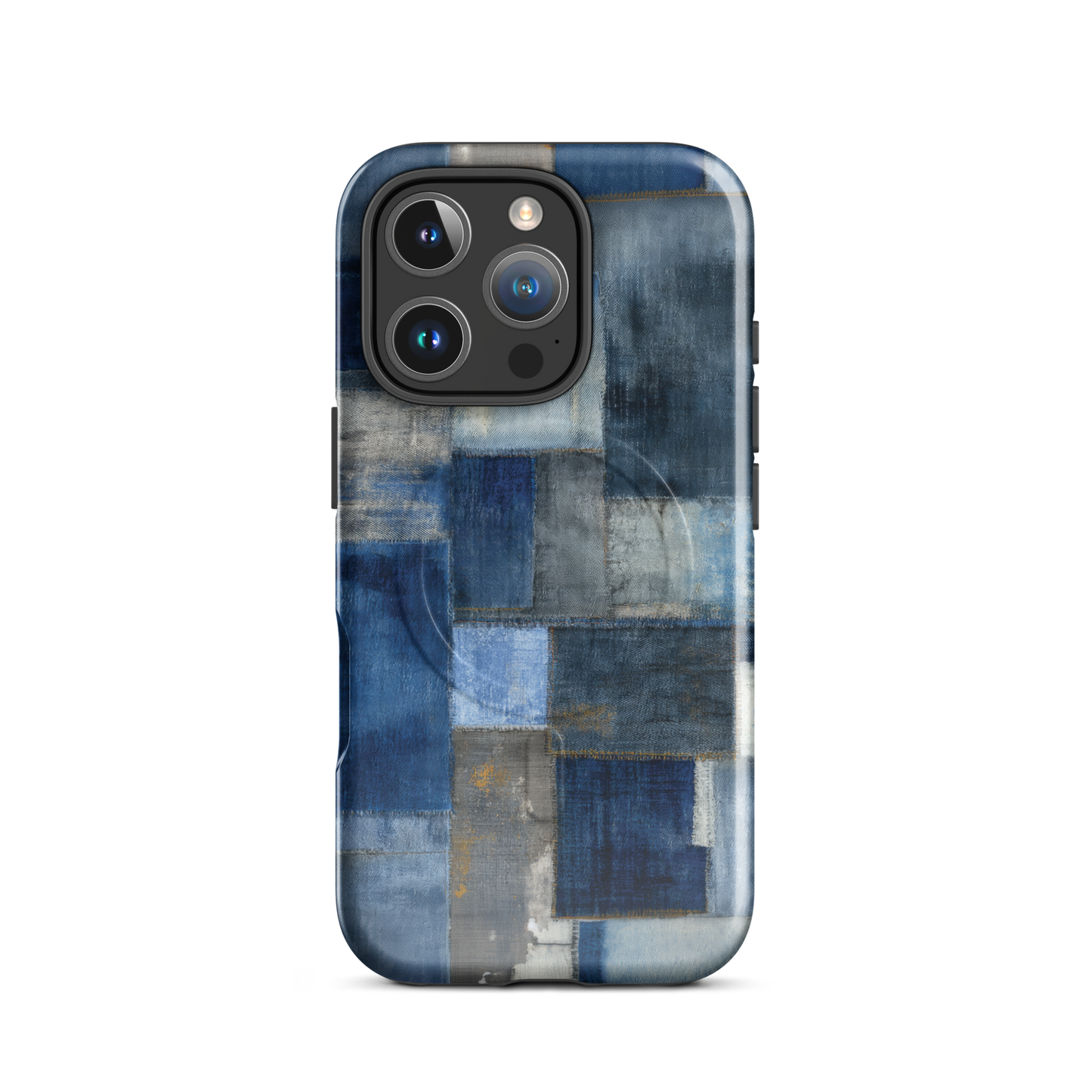 'Indigo Patchwork' iPhone 16 Pro MagSafe tough phone case - protective glossy case NZ Australia