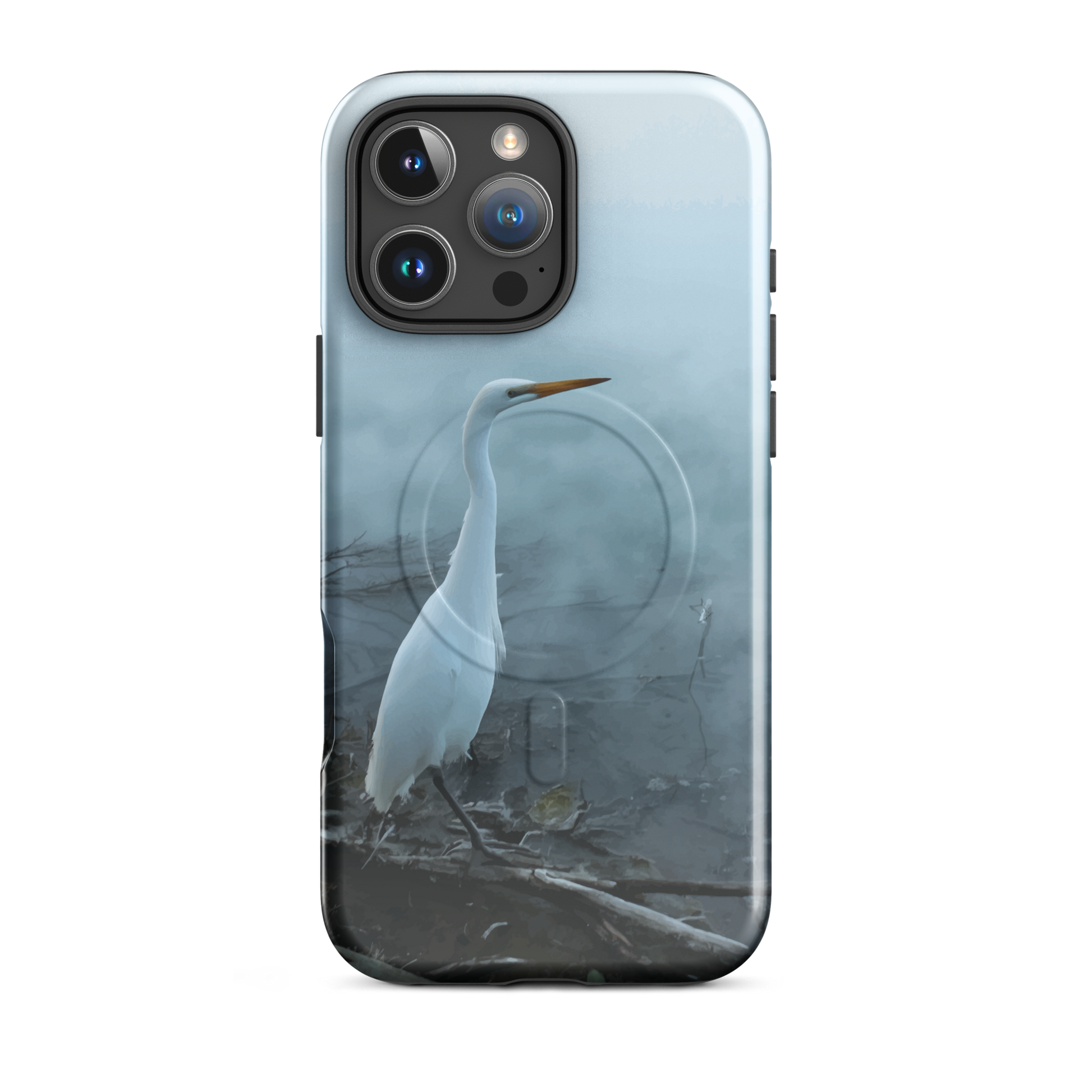 'White Heron in the Mist' iPhone 16 Pro Max MagSafe tough phone case - protective glossy case NZ Australia
