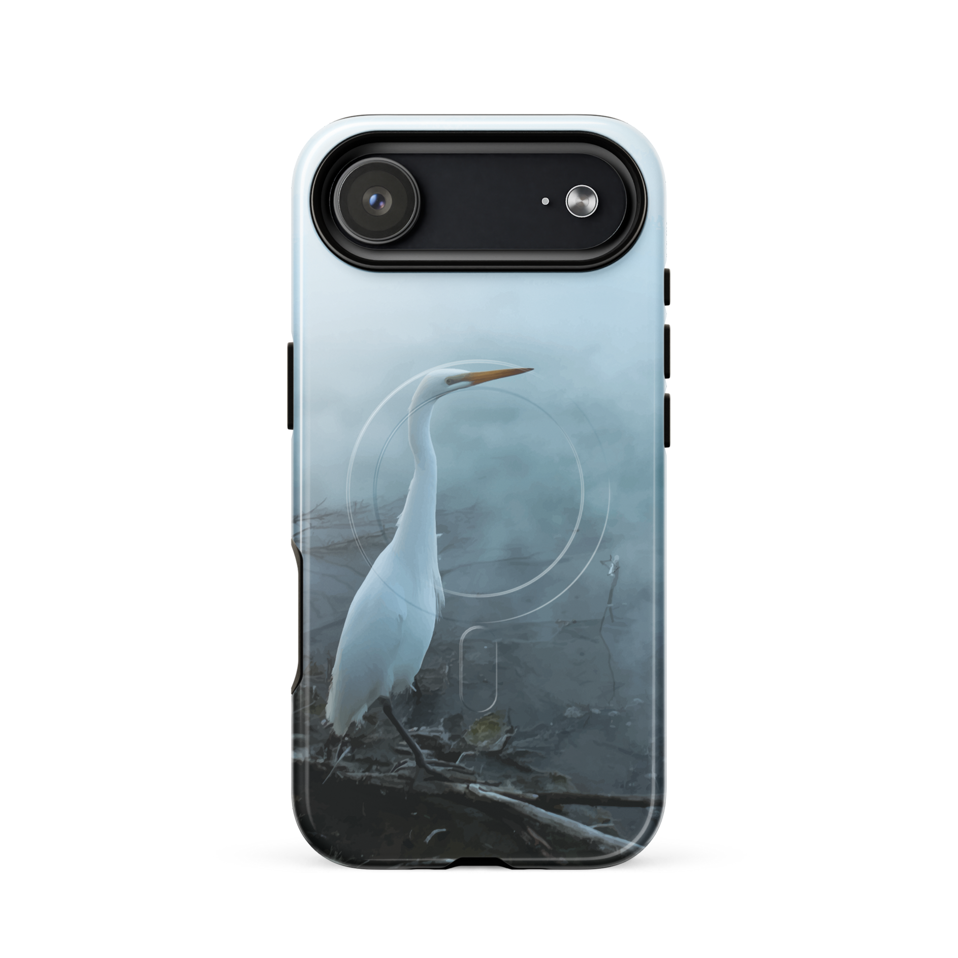 'White Heron in the Mist' iPhone 17 Air MagSafe tough phone case - protective glossy case NZ Australia