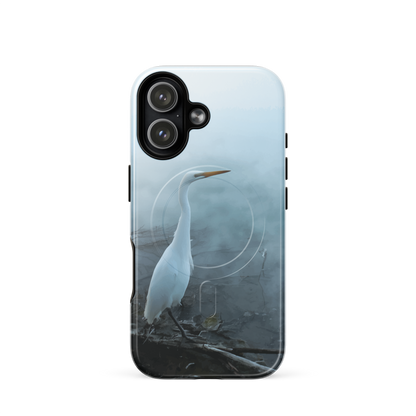 'White Heron in the Mist' iPhone 17 MagSafe tough phone case - protective glossy case NZ Australia