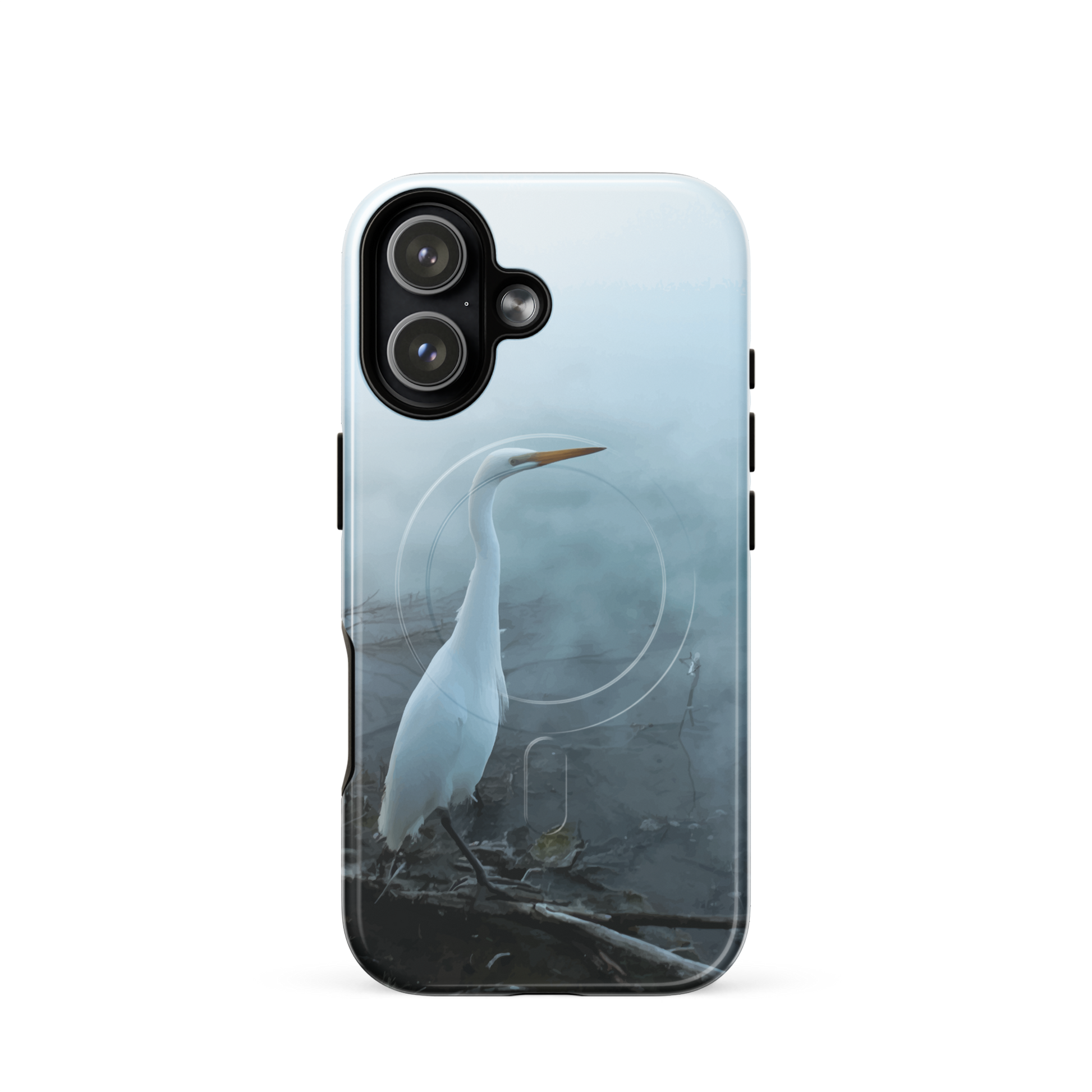 'White Heron in the Mist' iPhone 17 MagSafe tough phone case - protective glossy case NZ Australia