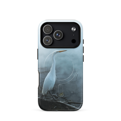 'White Heron in the Mist' iPhone 17 Pro MagSafe tough phone case - protective glossy case NZ Australia