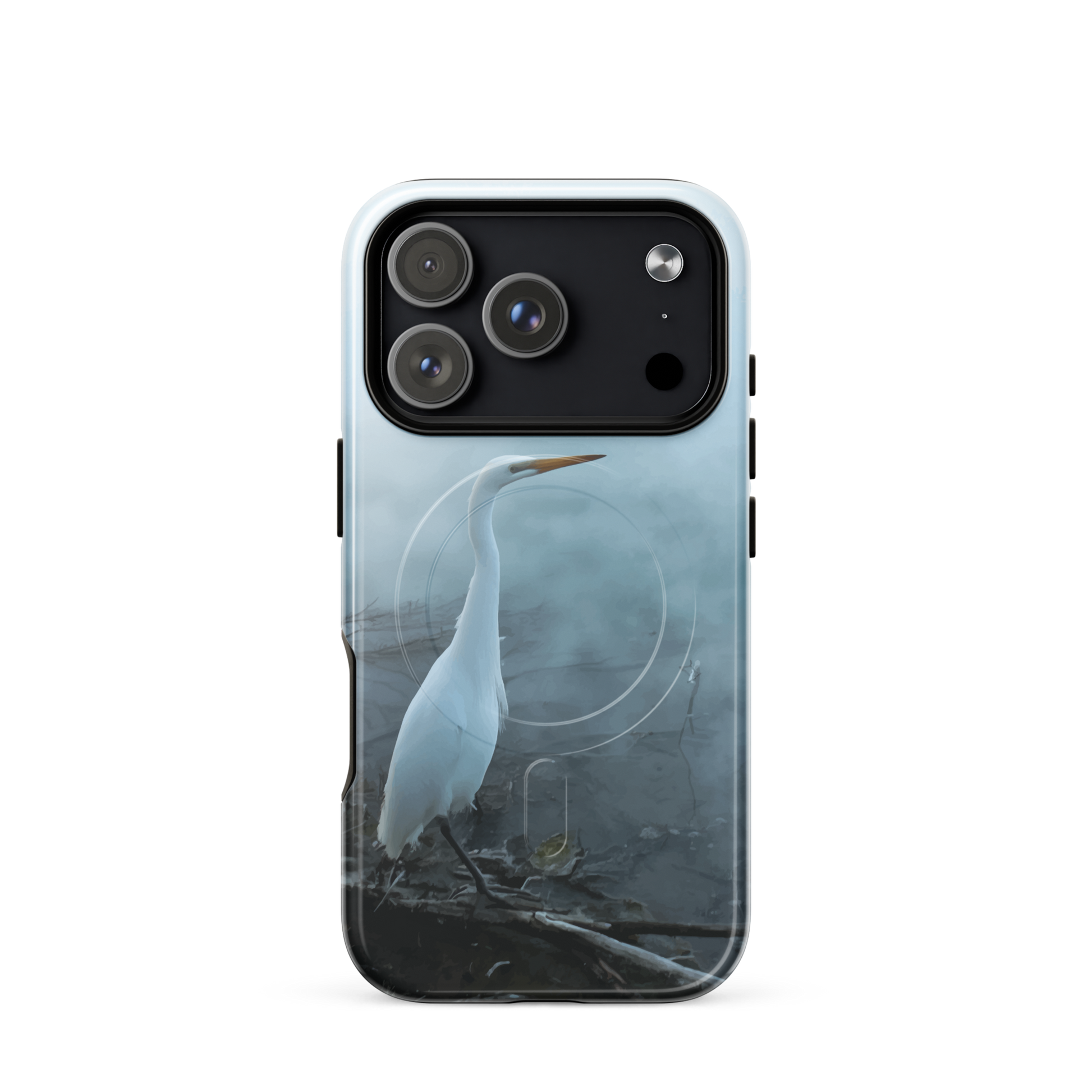 'White Heron in the Mist' iPhone 17 Pro MagSafe tough phone case - protective glossy case NZ Australia