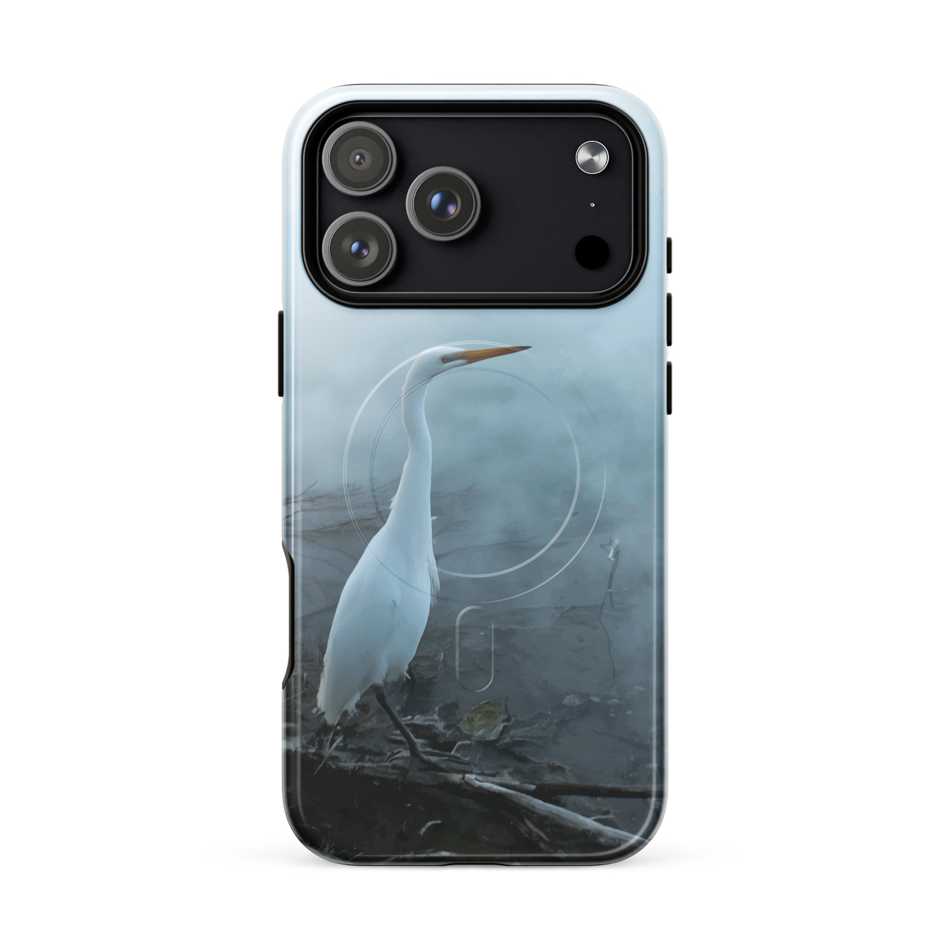 'White Heron in the Mist' iPhone 17 Pro Max MagSafe tough phone case - protective glossy case NZ Australia