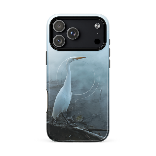 'White Heron in the Mist' iPhone 17 Pro Max MagSafe tough phone case - protective glossy case NZ Australia
