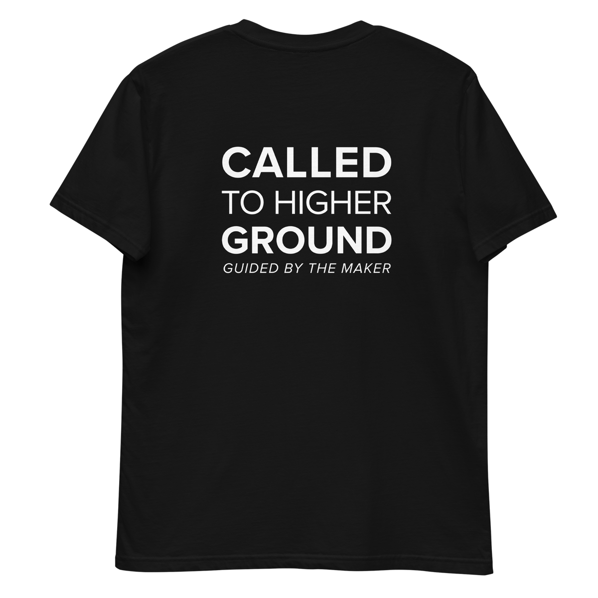 'Called to higher ground' back print tee in black, back view mockup showing the large message print