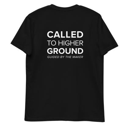 'Called to higher ground' back print tee in black, back view mockup showing the large message print