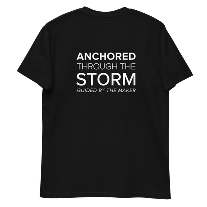 'Anchored through the storm' back print tee in black, back view mockup showing the large message print