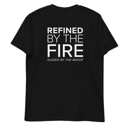 'Refined by the fire' back print tee in black, back view mockup showing the large message print