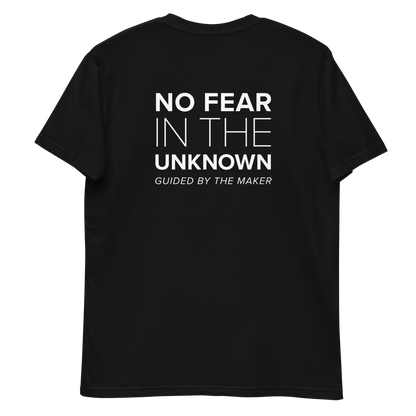 'No fear in the unknown' back print tee in black, back view mockup showing the large message print