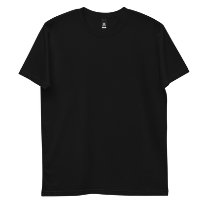 'The light shines in the darkness' back print tee in black, plain front view mockup