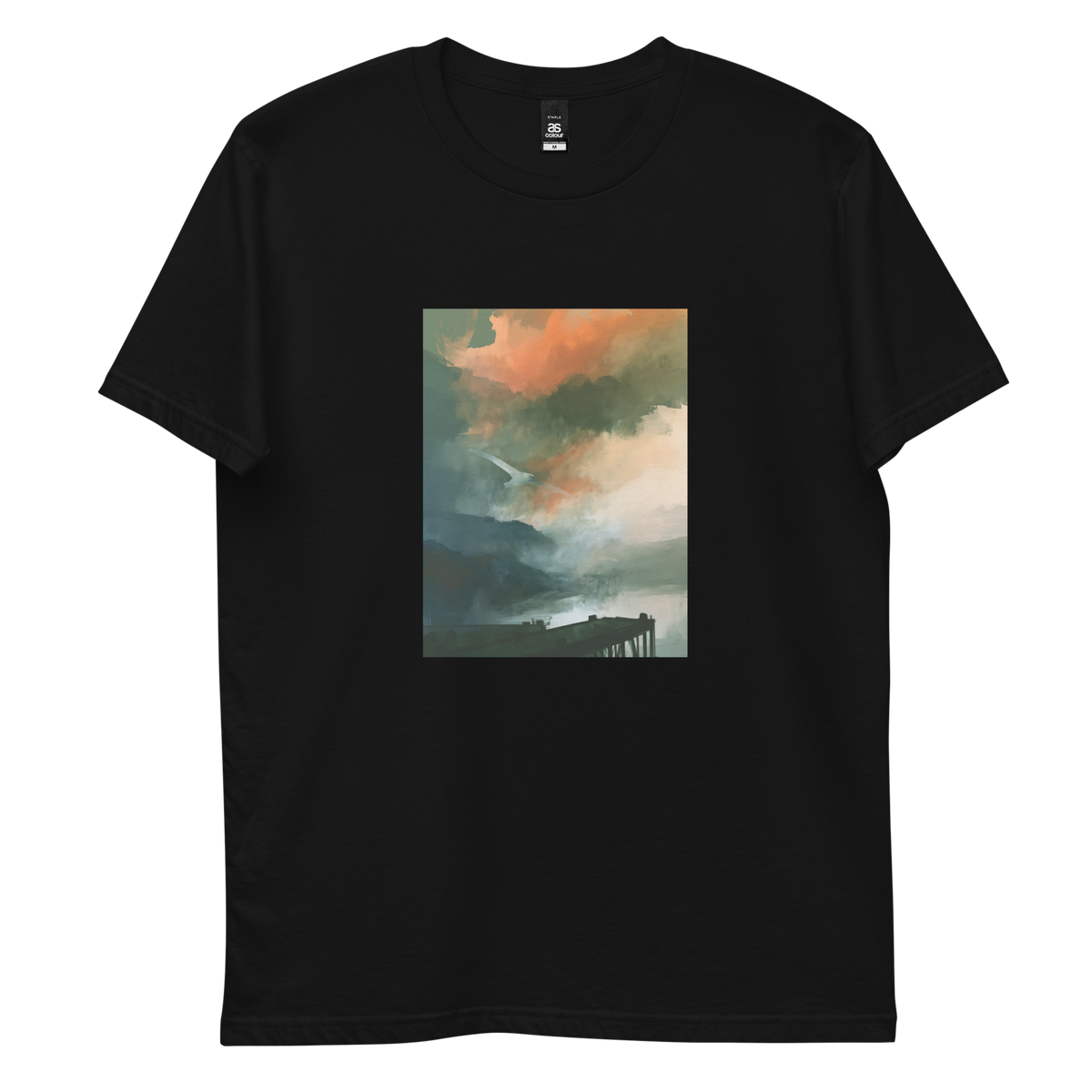 Harbour graphic tee in black, front view mockup with white bird over misty harbour print