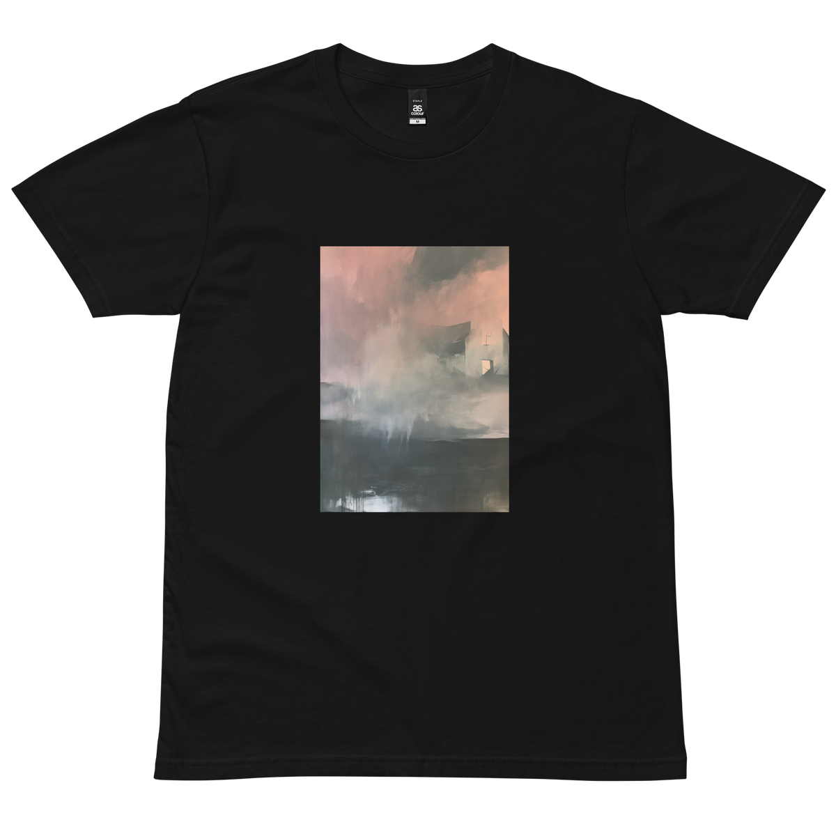 Glass graphic tee in black, front view mockup with weathered house in pink mist print