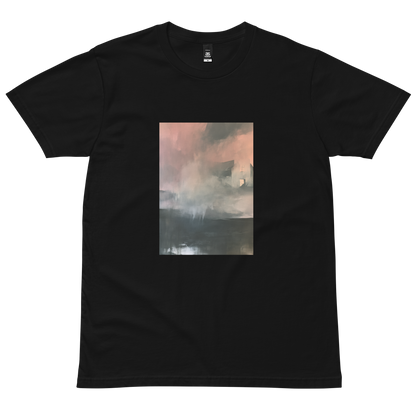 Glass graphic tee in black, front view mockup with weathered house in pink mist print