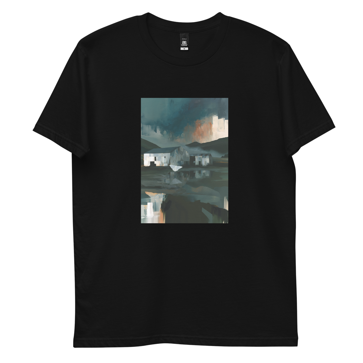 Evening Flight graphic tee in black, front view mockup with farm sheds and stormy evening sky print