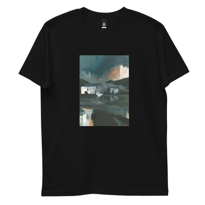 Evening Flight graphic tee in black, front view mockup with farm sheds and stormy evening sky print
