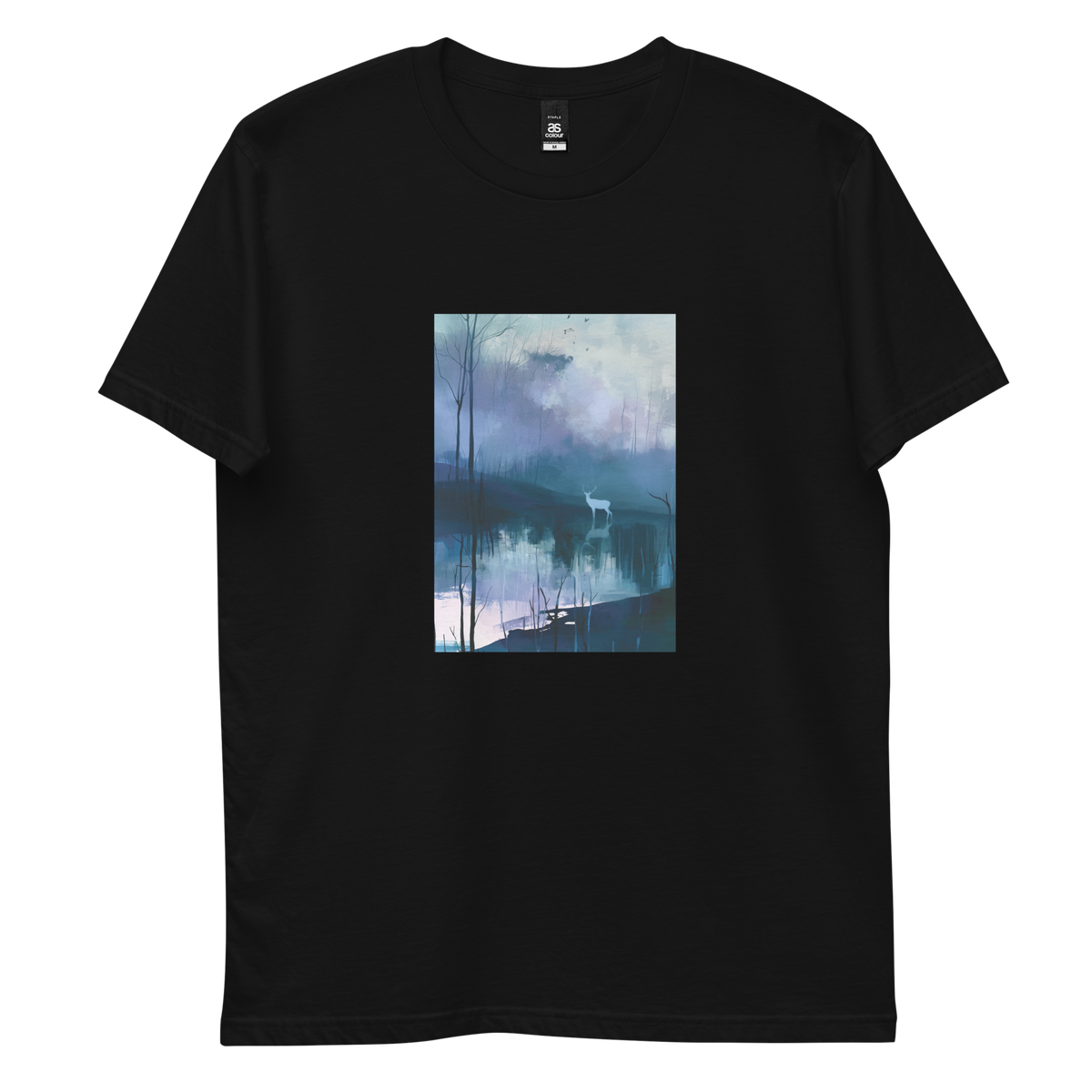 Hart graphic tee in black, front view mockup with white stag and still blue water print