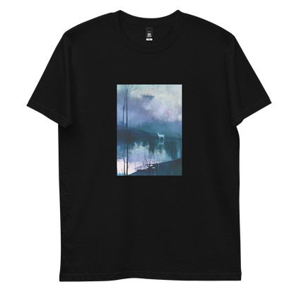 Hart graphic tee in black, front view mockup with white stag and still blue water print