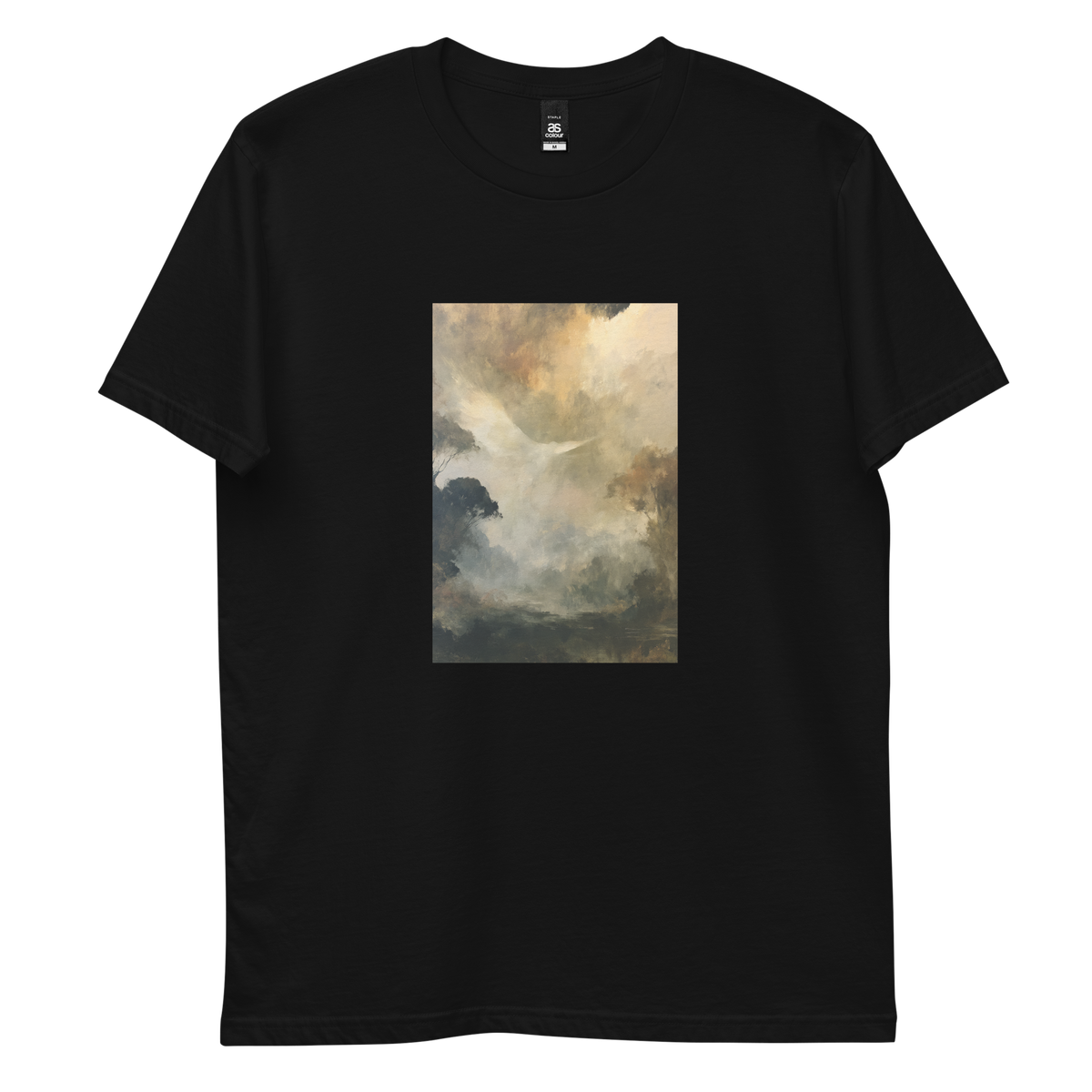 Ascend graphic tee in black, front view mockup with white dove and golden mist print