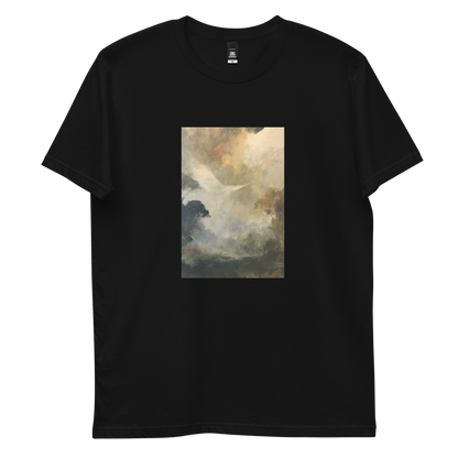 Ascend graphic tee in black, front view mockup with white dove and golden mist print